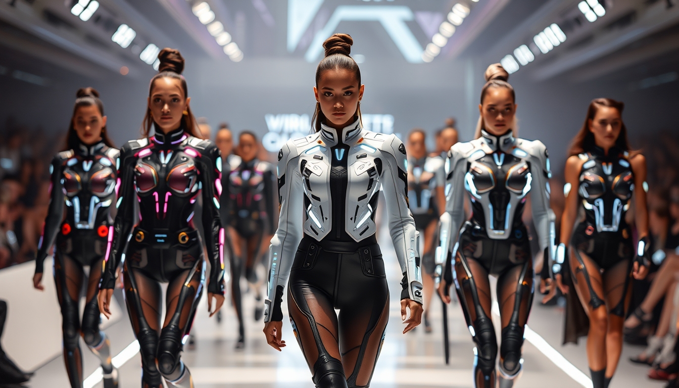 A futuristic runway scene with models wearing high-tech, digital-inspired clothing, with glowing accents and sleek designs.