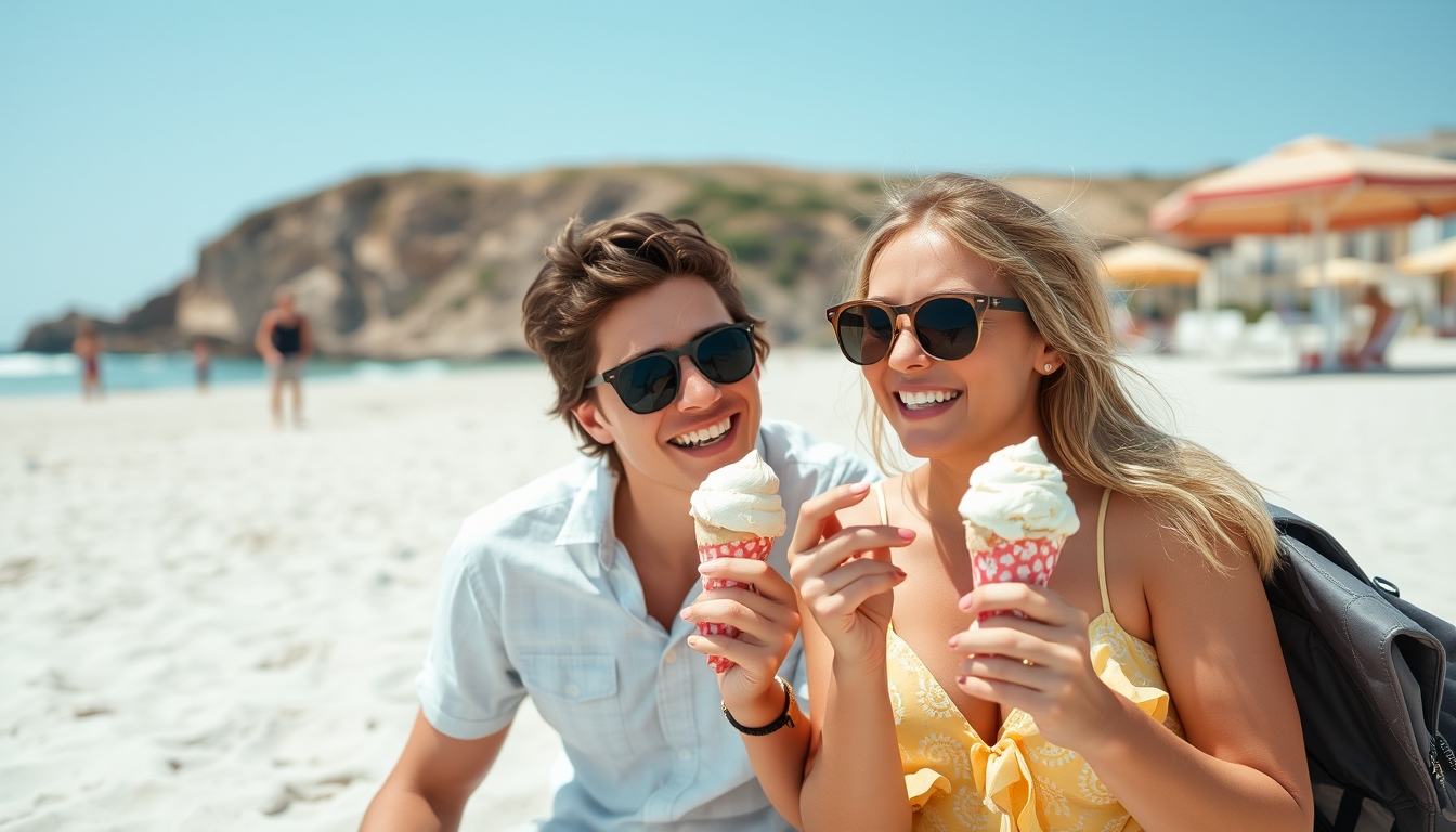 Beachside delight with a young couple and their ice cream.