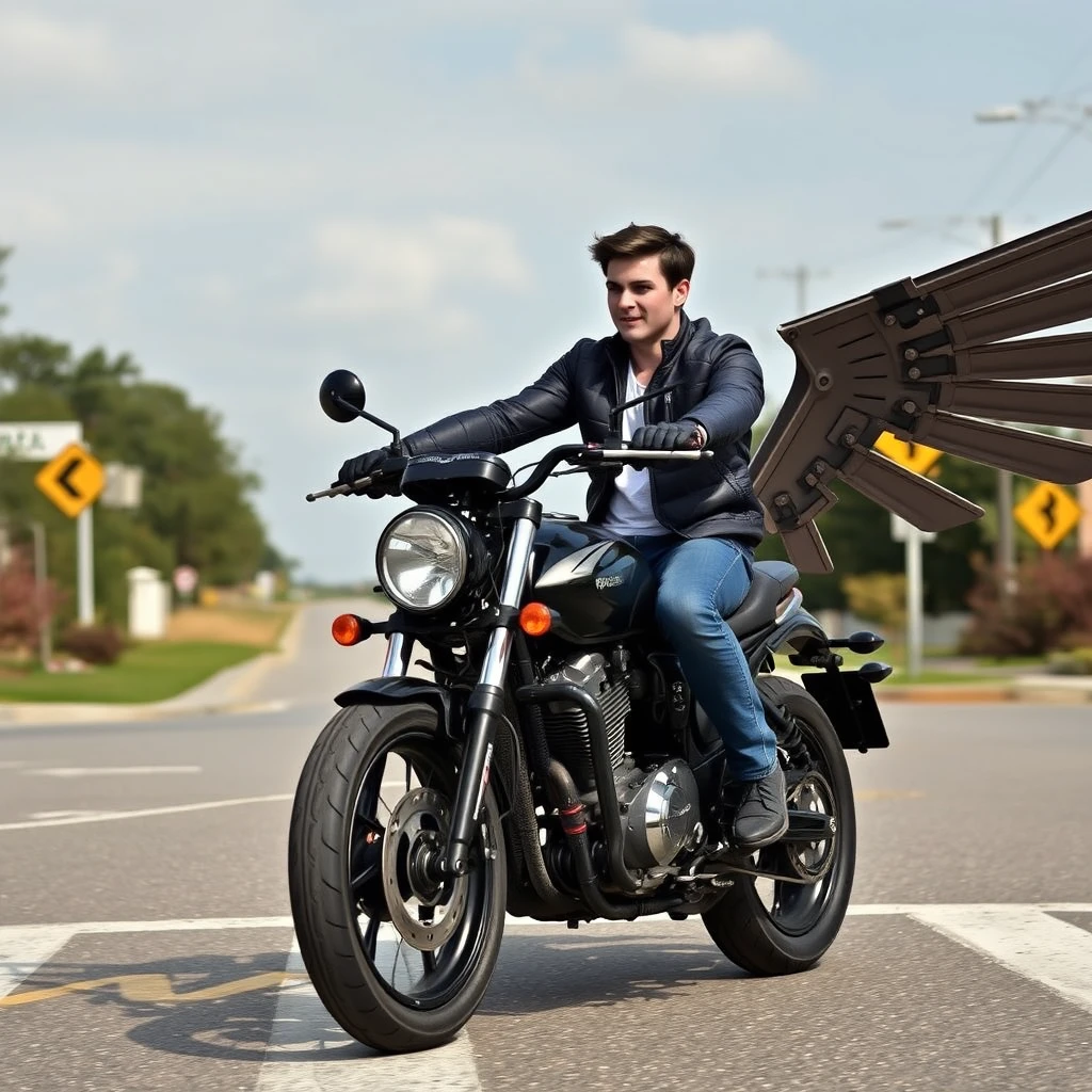 At the crossroads, a handsome guy is riding a motorcycle, which has huge mechanical wings and is very fast.