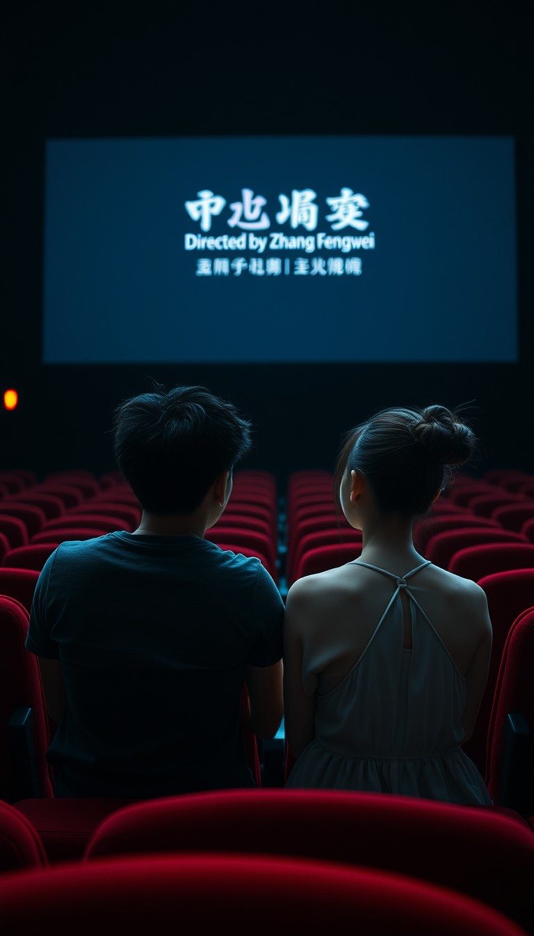 In a dimly lit theater, a young Chinese man and woman sit in their seats watching a movie, the boy in a gray short-sleeved T-shirt, the girl with white skin, wearing a halter dress and a hairpiece. The seats in the theater are all red, and on the big screen in the theater, it clearly reads, "Directed by Zhang Fengwei," seen from the back, extremely realistic. - Image