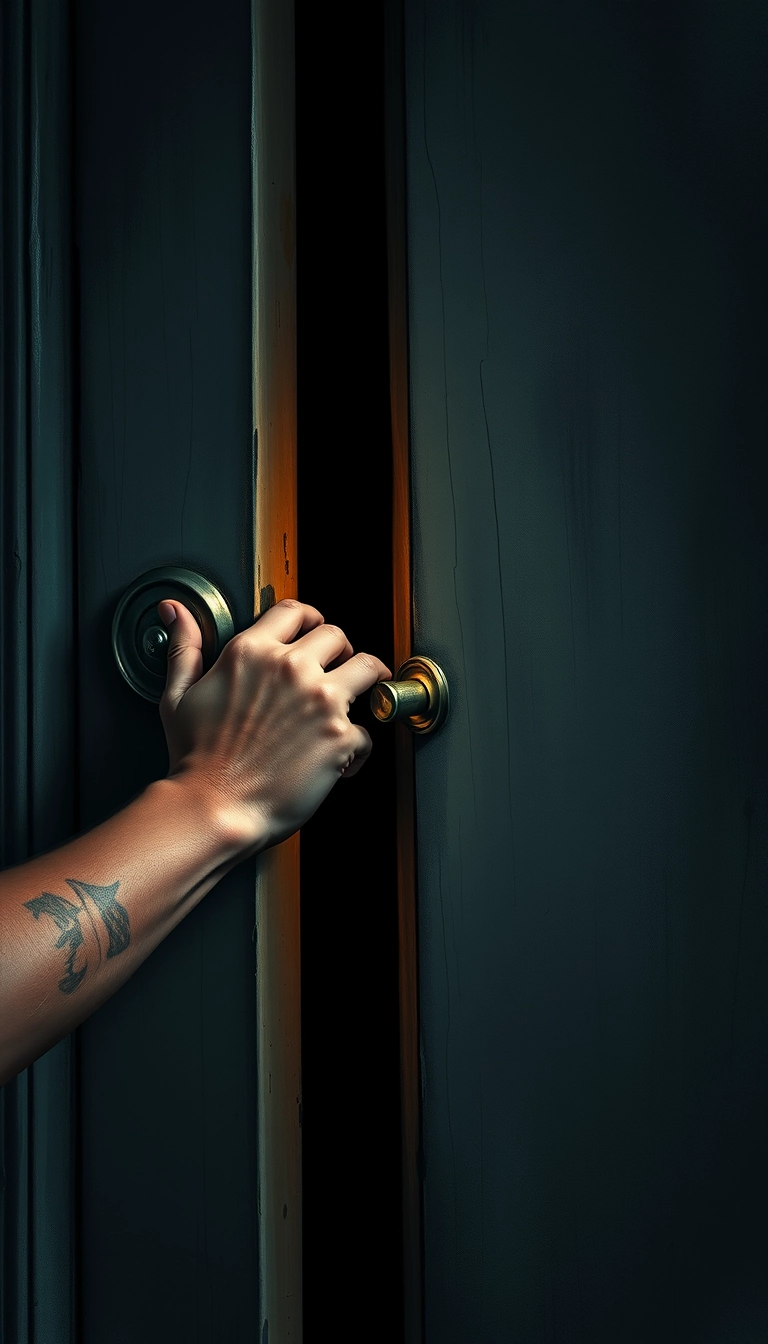 Lock picking the door, realistic, dark motives, shades, accents.