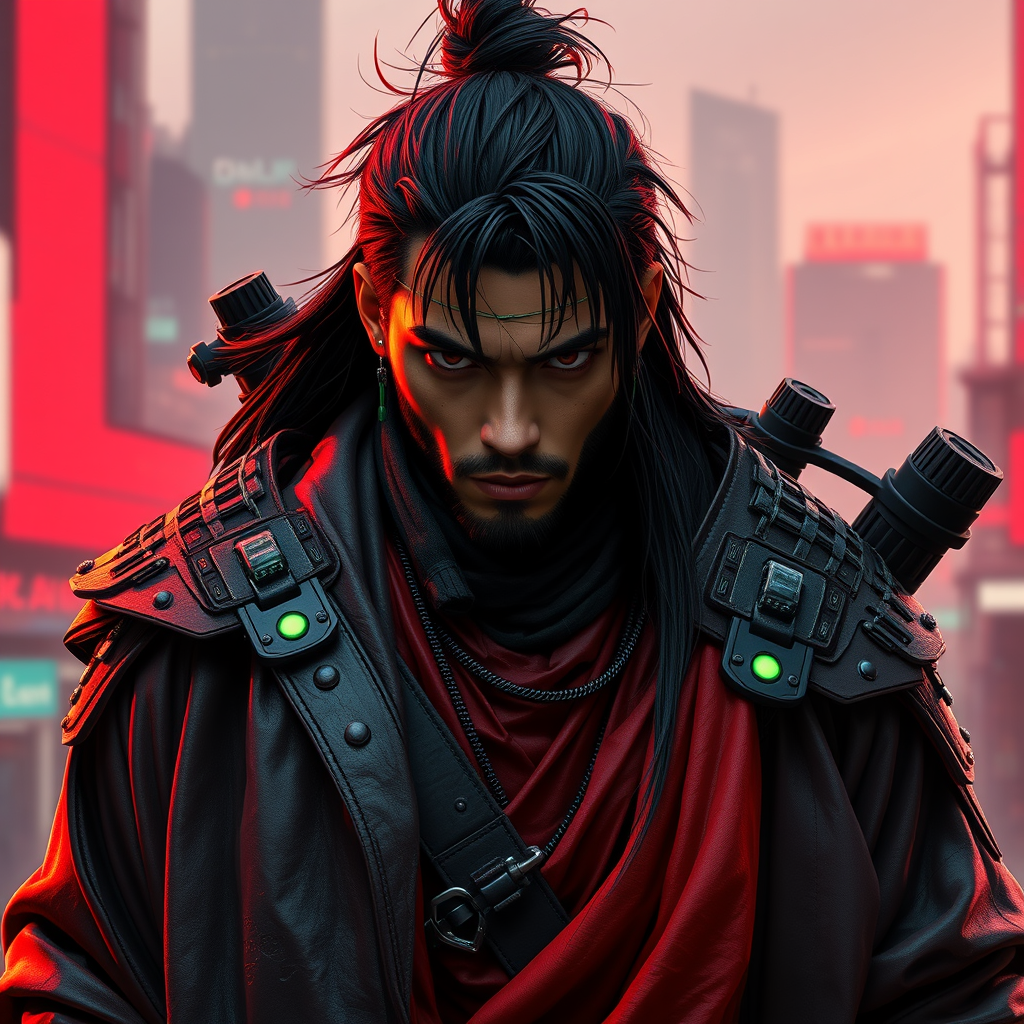 Cyber Samurai style of male warrior with rugged black hair and cybernetic implants | merging leather garments with futuristic cyberpunk elements | flowing robes and high-tech armor plating | dystopian cityscape background | in deep red and neon green. hyper-real, 8k, ar