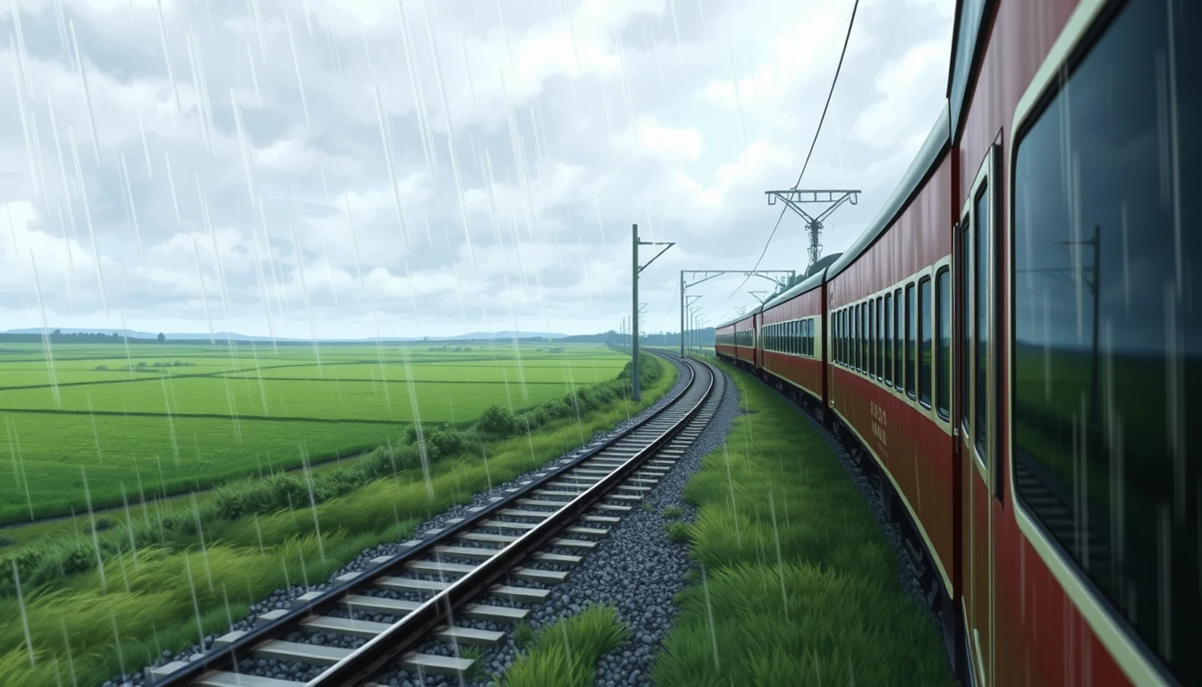 HD Ghibli art style. A train running on the tracks. Outside, green fields stretch into the distance under a cloudy, rainy sky.