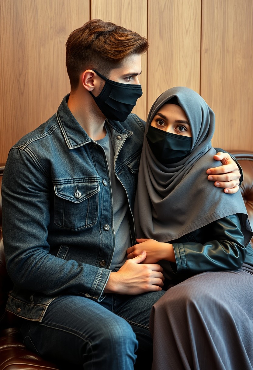 Jamie Dornan's head and body shot, handsome, face mask black, jeans jacket, jeans, dating, love couple, hug, with the biggest grey hijab Muslim girl, beautiful eyes, face mask black, black leather jacket, biggest skirt, hyper realistic, studio photography, sitting on a leather classic sofa, wooden wall.