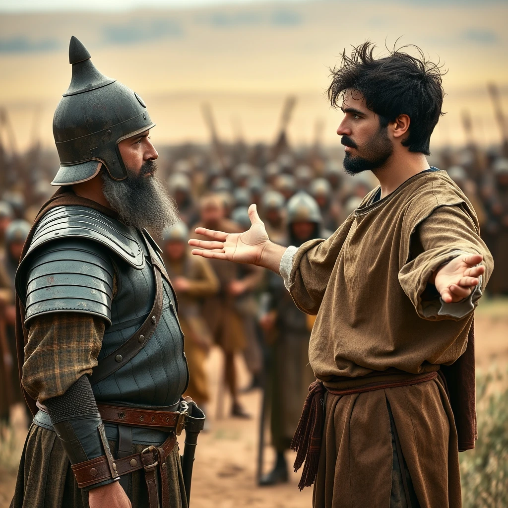 Two men stand apart, arguing, while a small group of soldiers gathers beside the man on the left. The man on the right is a young Jewish man, his arms stretched out to the sides, looking shocked with dark, messy, unkempt hair and a beard. He is dressed in a simple biblical-era shepherd's tunic and is staring sternly at the left eye of the other man. The man on the left appears middle-aged, with a Jewish black beard, and is wearing a full suit of biblical-era leather lamellar armor and a conical helmet with a pointed tip. In the blurred background on the far horizon, there is a large biblical-era army. The overall mood of the image conveys anxiety and concern.