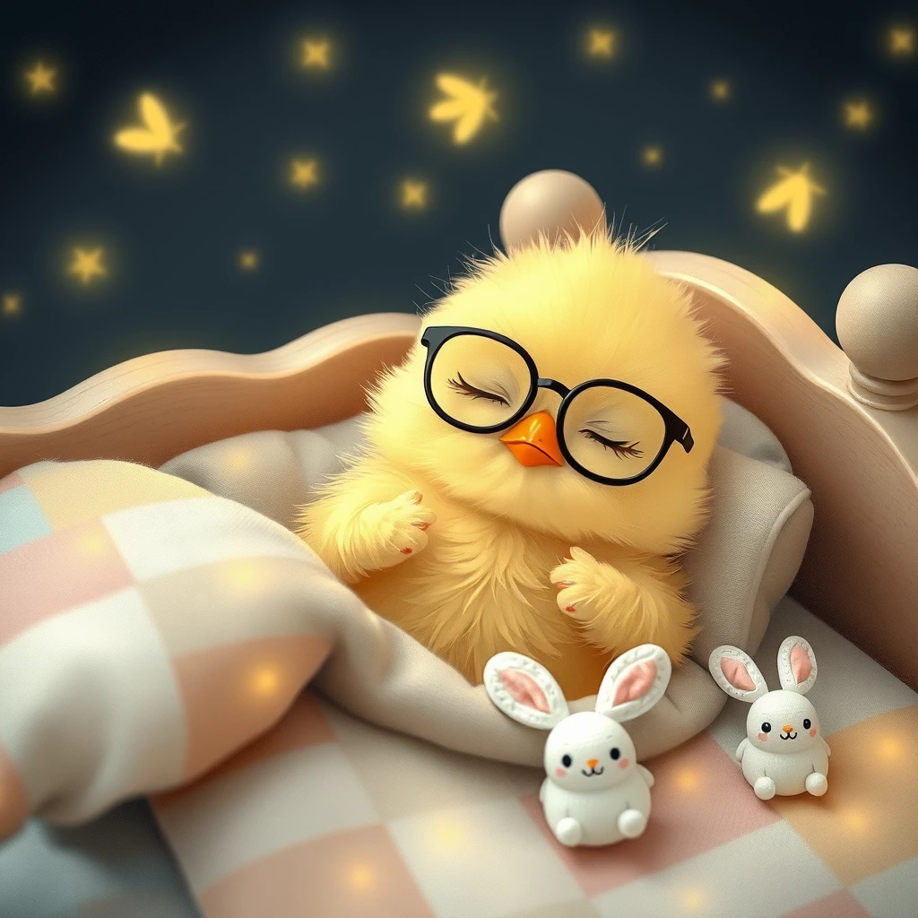 /imagine it's nighttime. A delicate, soft Kawaii chick with glasses is sleeping in its little bed, surrounded by small colorful fireflies and soft, childlike patterns, with patchwork blankets and tiny cute plush bunnies.