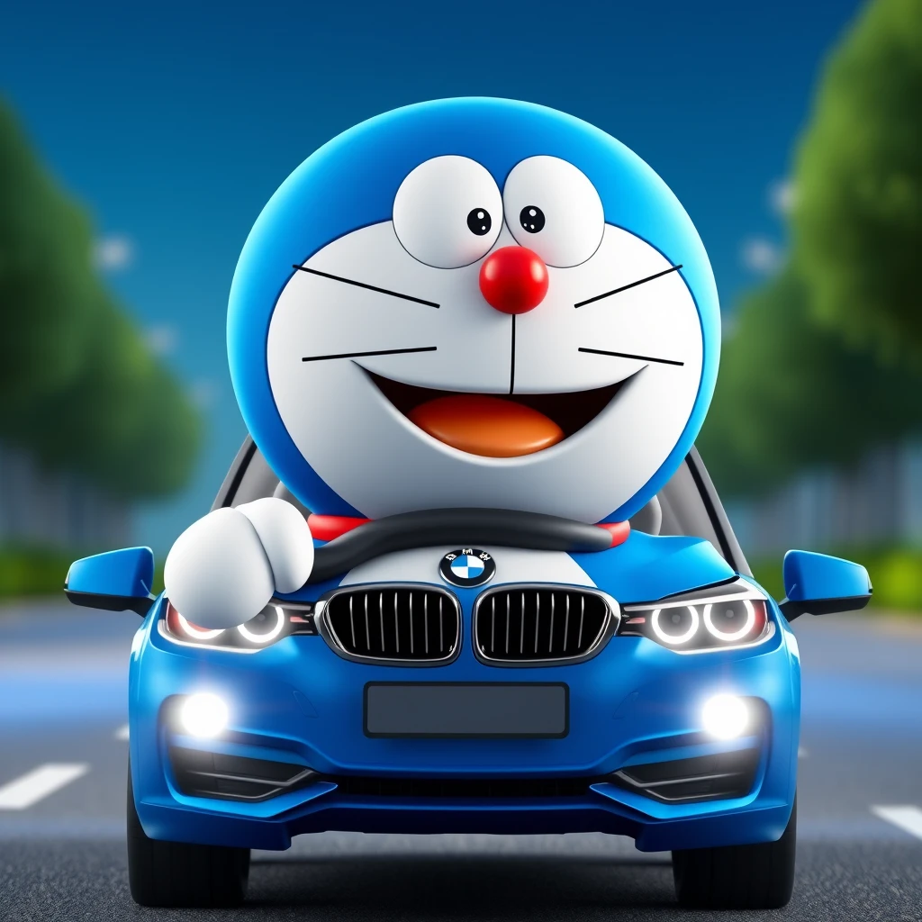 Pixar Style, 8K, this is an avatar, 3D, Doraemon, with full body and a cute smile, he's driving a blue BMW 320li. - Image