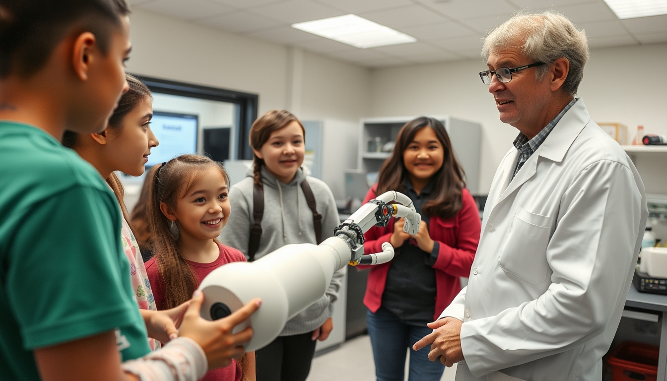 Field trip to a real robotics laboratory, encouraging children to pursue careers in robotics. A real scientist is talking with young students, showing them a robotic arm.