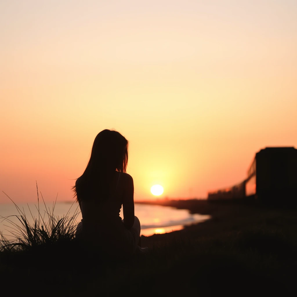 silhouette of a girl sitting on the seashore, wild nature sunset, soft colors, gradient, pale pink, orange, warmth, summer, railway and train in the distance, calm, comfort, stillness, - Image