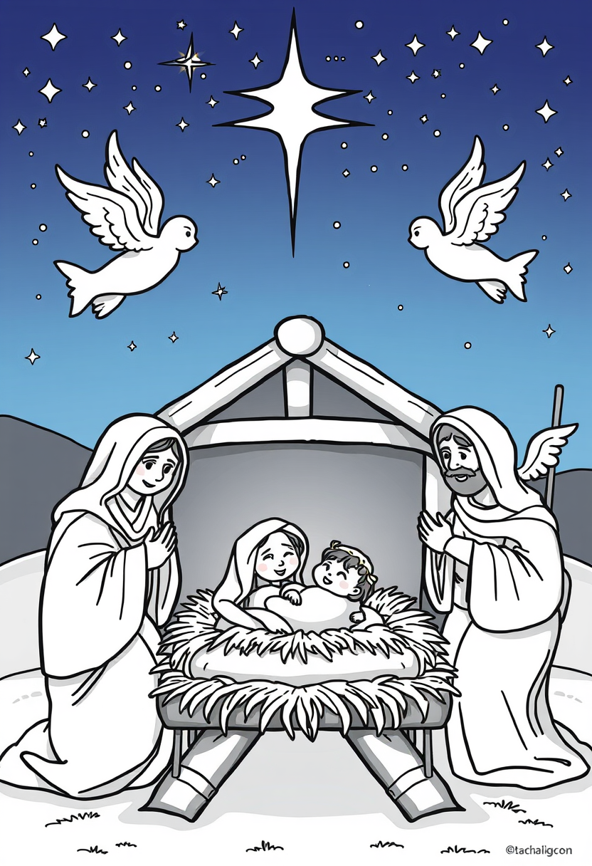 Illustrate the nativity scene with baby Jesus in a manger, surrounded by Mary, Joseph, angels, and shepherds under a starry sky. a coloring book page, cartoon style, thick lines, low details, no shading.