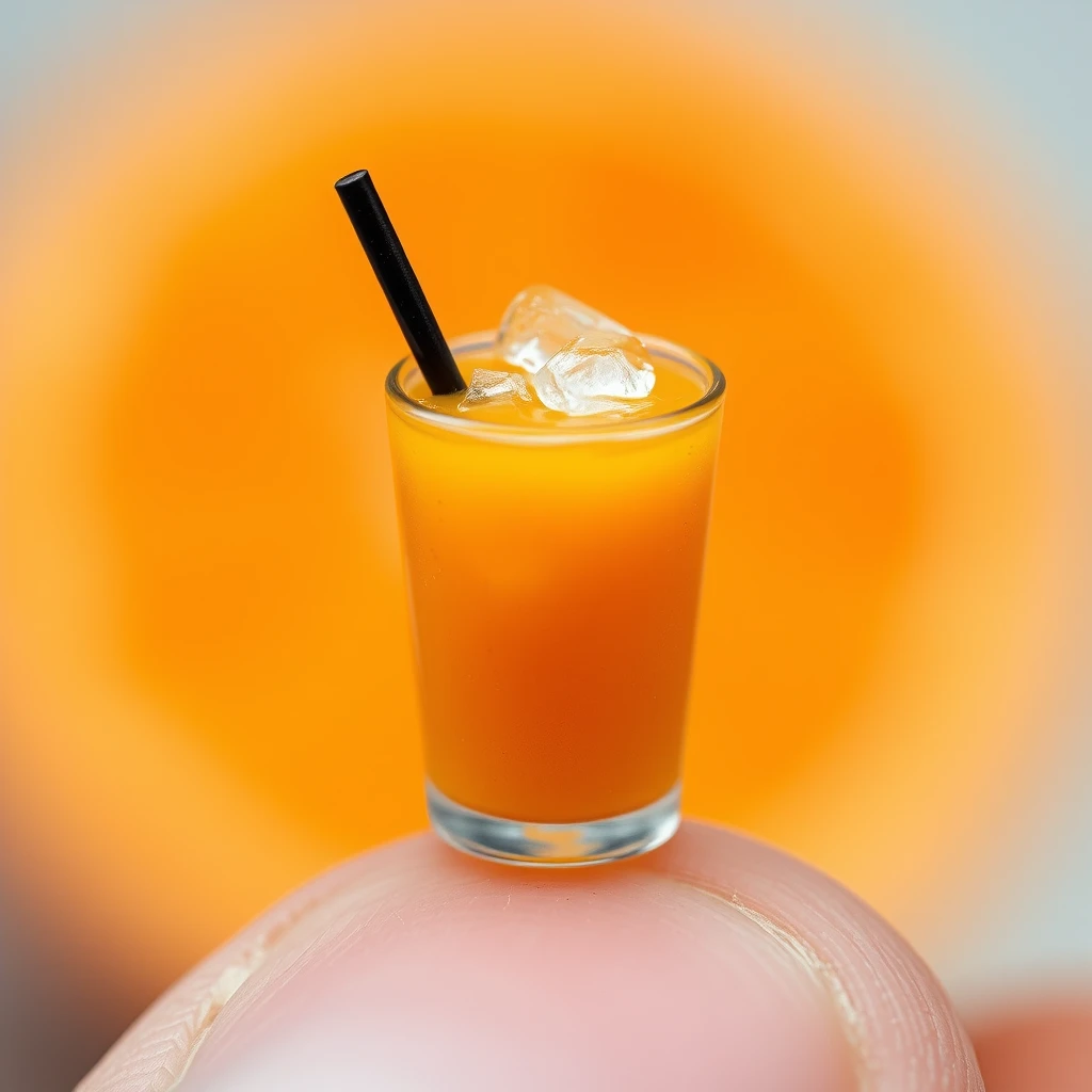 Extreme closeup macro photography depicting a very tiny miniature cup of orange juice, ice with a straw, standing on a finger. - Image