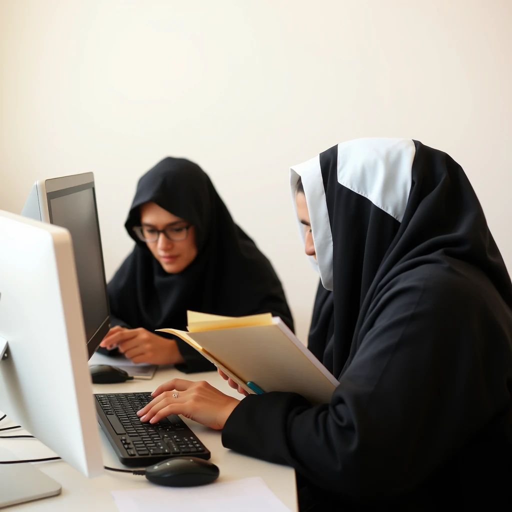 An image of Jewish religious women taking and studying in front of a computer.