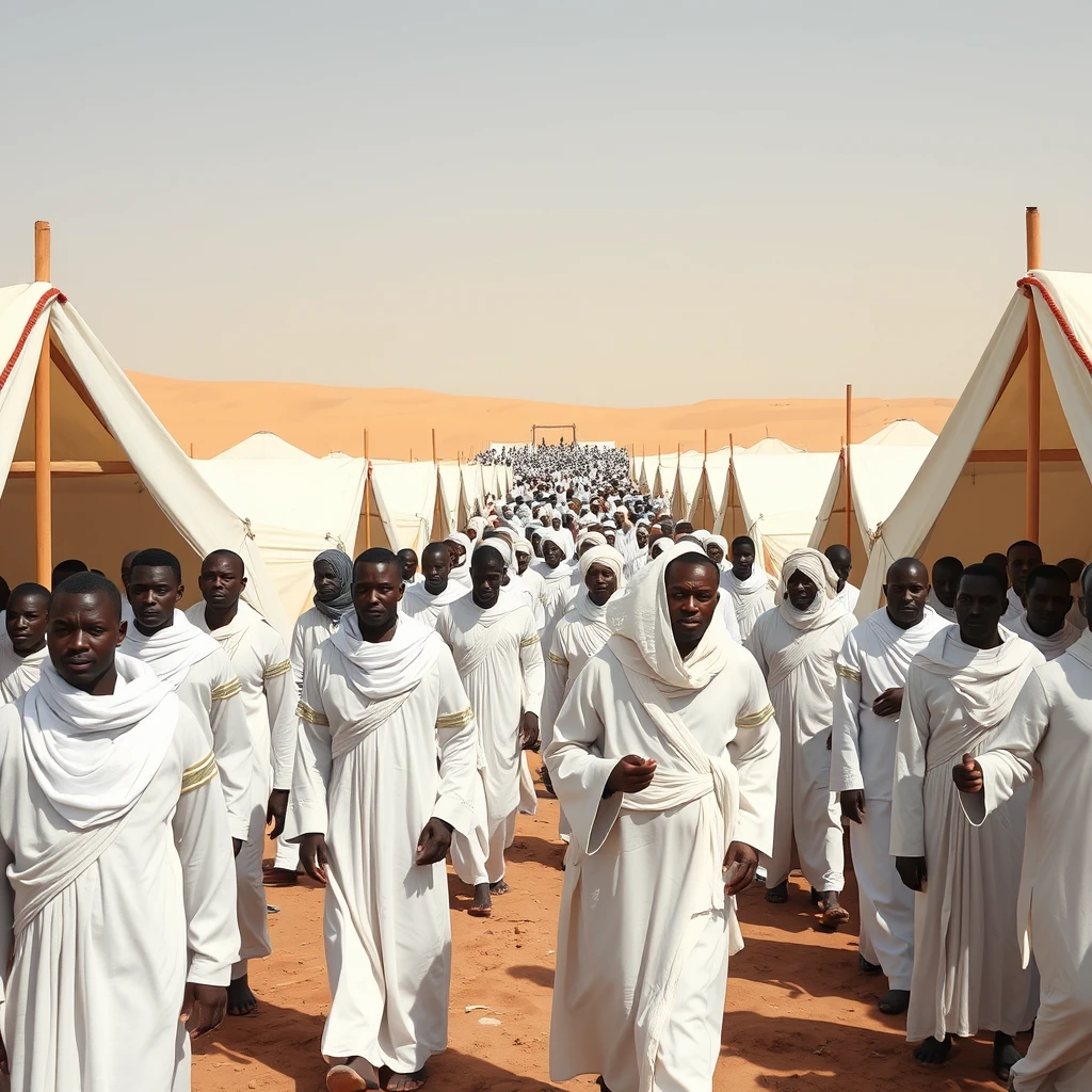 Photo-realistic image of multitudes of black people dressed in white in separate tents in the desert at the Exodus.