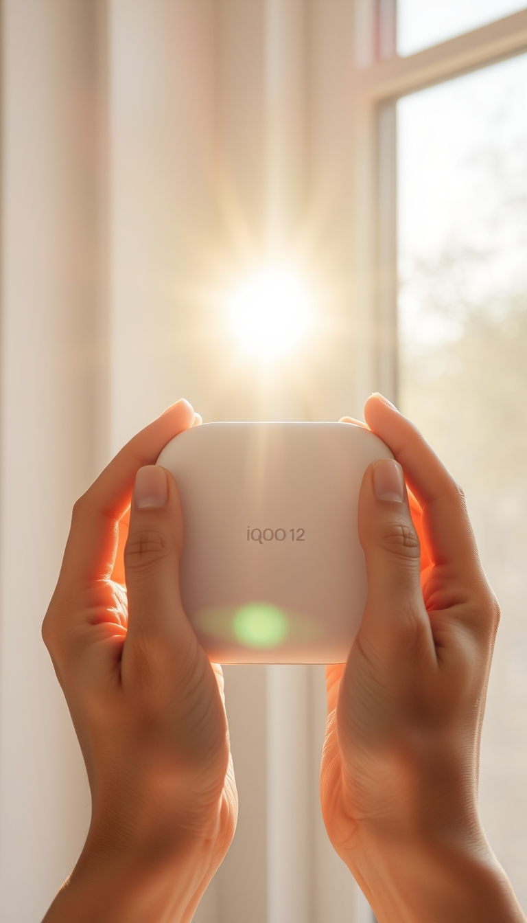 Her fingers are slender and her skin is fair and translucent. The sun shines on her hands and the back of the IQOO 12 from the window. A close-up of the IQOO 12 is held in both hands. No face needs to be shown. - Image