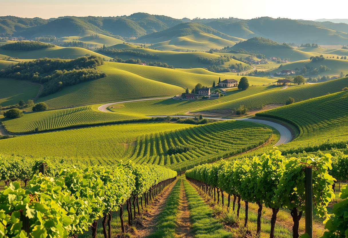 Verdant, rolling vineyards, grapevines, winemaking, high quality, photorealistic, rustic charm, scenic, harvest season, idyllic, countryside, panoramic, breathtaking::1.2 wine cellars, barrel aging, wine tasting, picturesque, countryside villas, grape harvest, winding roads. - Image