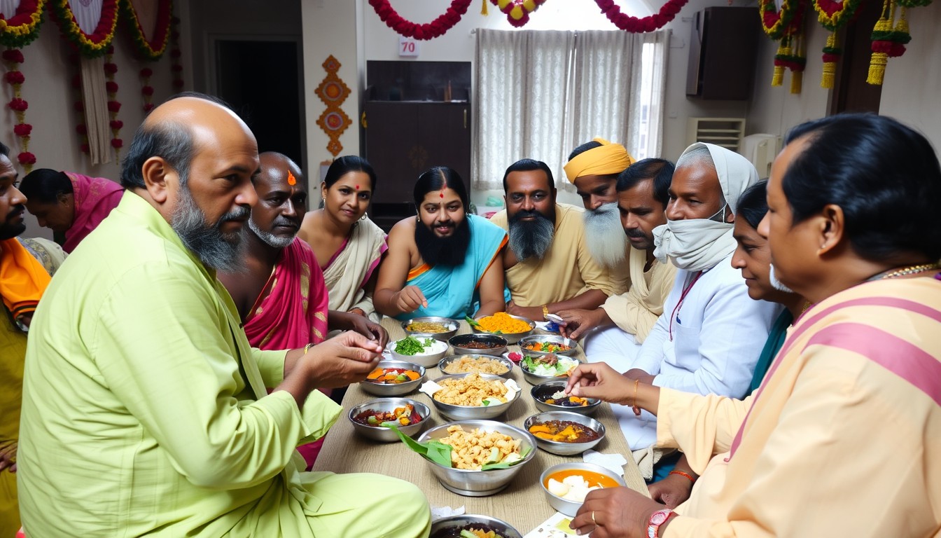 A group of people from different Hindu communities sharing a meal together in a traditional Indian setting, symbolizing social harmony. The setting includes cultural decorations and light-colored traditional attire, with a bright and airy environment. - Image