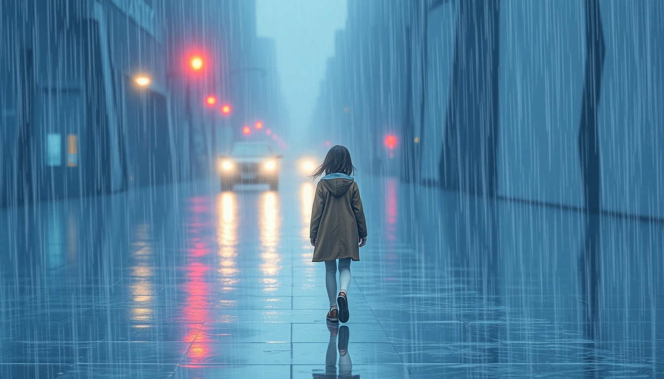 A girl dressed in a raincoat walks alone in the rain.