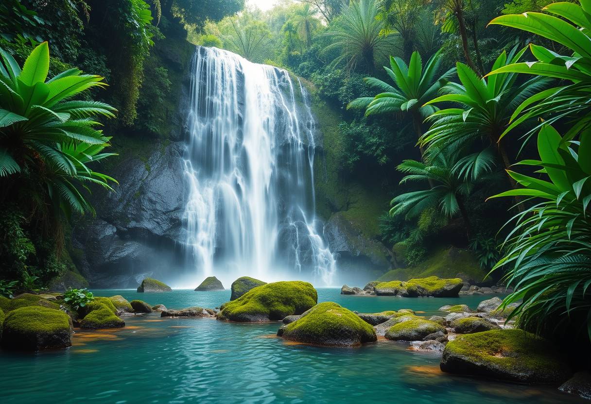 rfall, cascading, clear water, lush greenery, high quality, photorealistic, hidden oasis, serene, rainforest, breathtaking, secluded::0.8 moss-covered rocks, tropical plants, natural pools, jungle trails, mist,