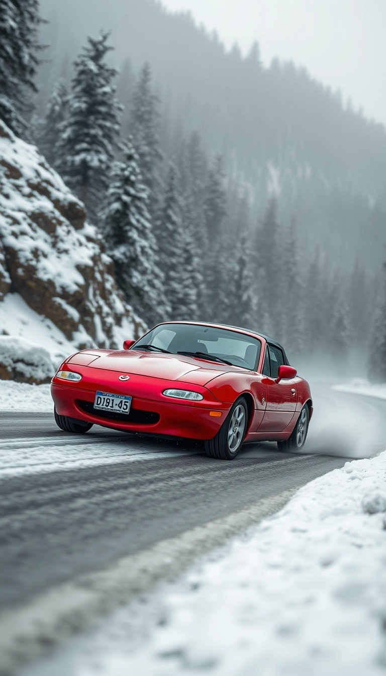 Create an image of a red 1991 Mazda MX-5 drifting on a snowy mountain road.