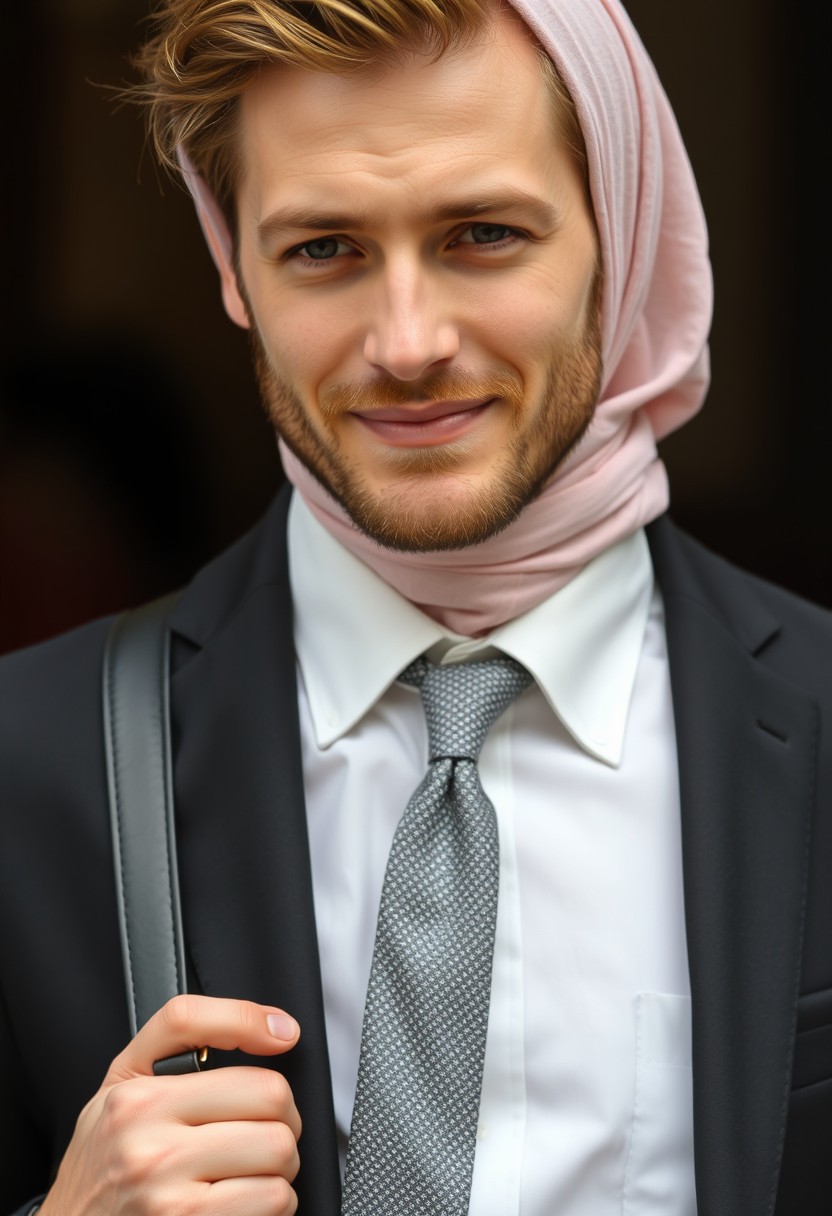 Jamie Dornan's head and body shot, handsome, young, shy smile, white shirt half buttoned, grey patterned tie, black coat suit, leather shoes, leather bag, dating love with the biggest soft pink hijab girl, beautiful eyes, black face mask, biggest floral juba, hyper-realistic, studio photography, full photography. - Image