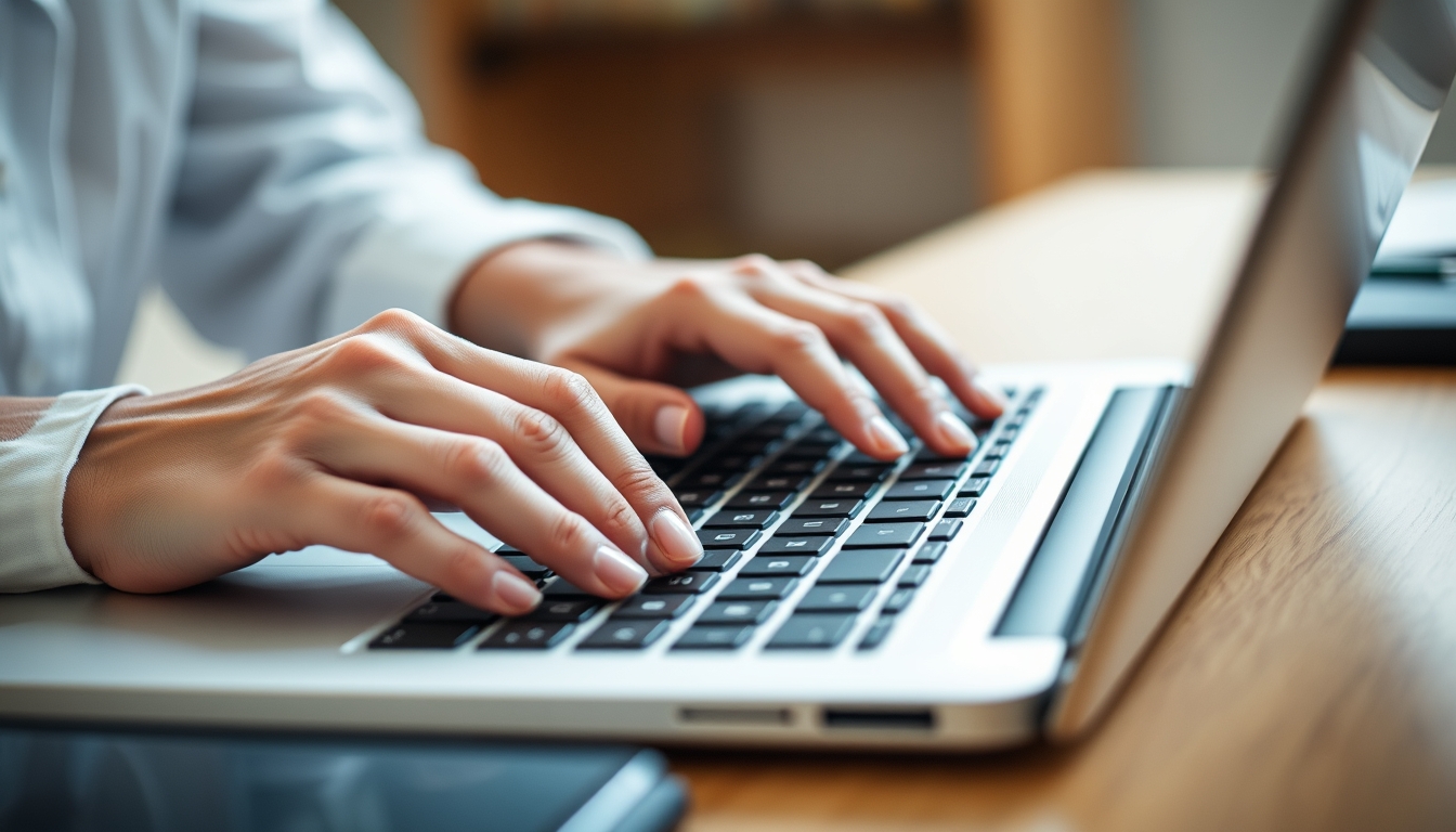 Close up, woman's hand typing on laptop computer keyboard. Businesswoman online working on laptop computer, surfing the internet, searching for information at home office, e-learning.