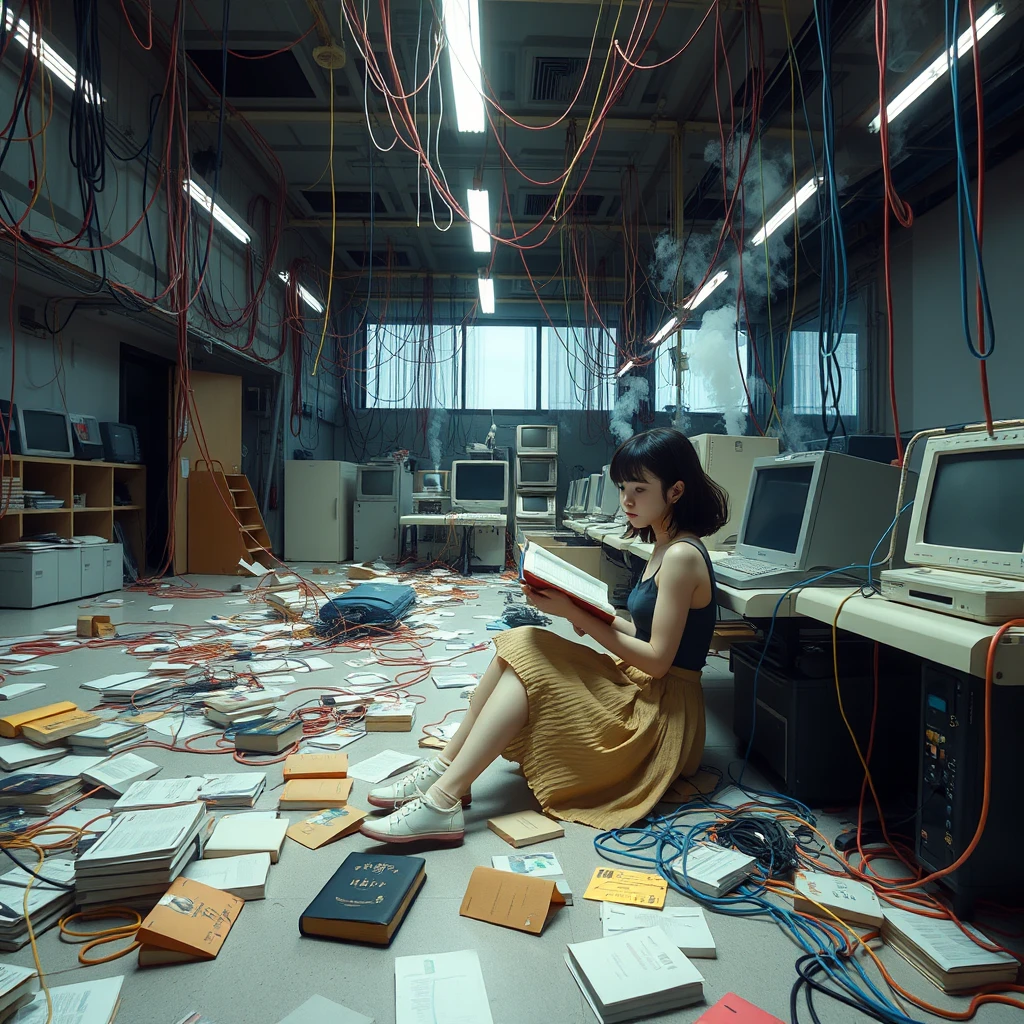 A real-life photograph, wide shot, of a Japanese female student in a skirt sitting in one corner of a large hall, where some books are scattered messily, and many wires of varying thicknesses are on the floor and in the air, including red, blue, yellow, and other colors. There are some computer screens and some machines emitting steam. She is sitting and reading a book. - Image