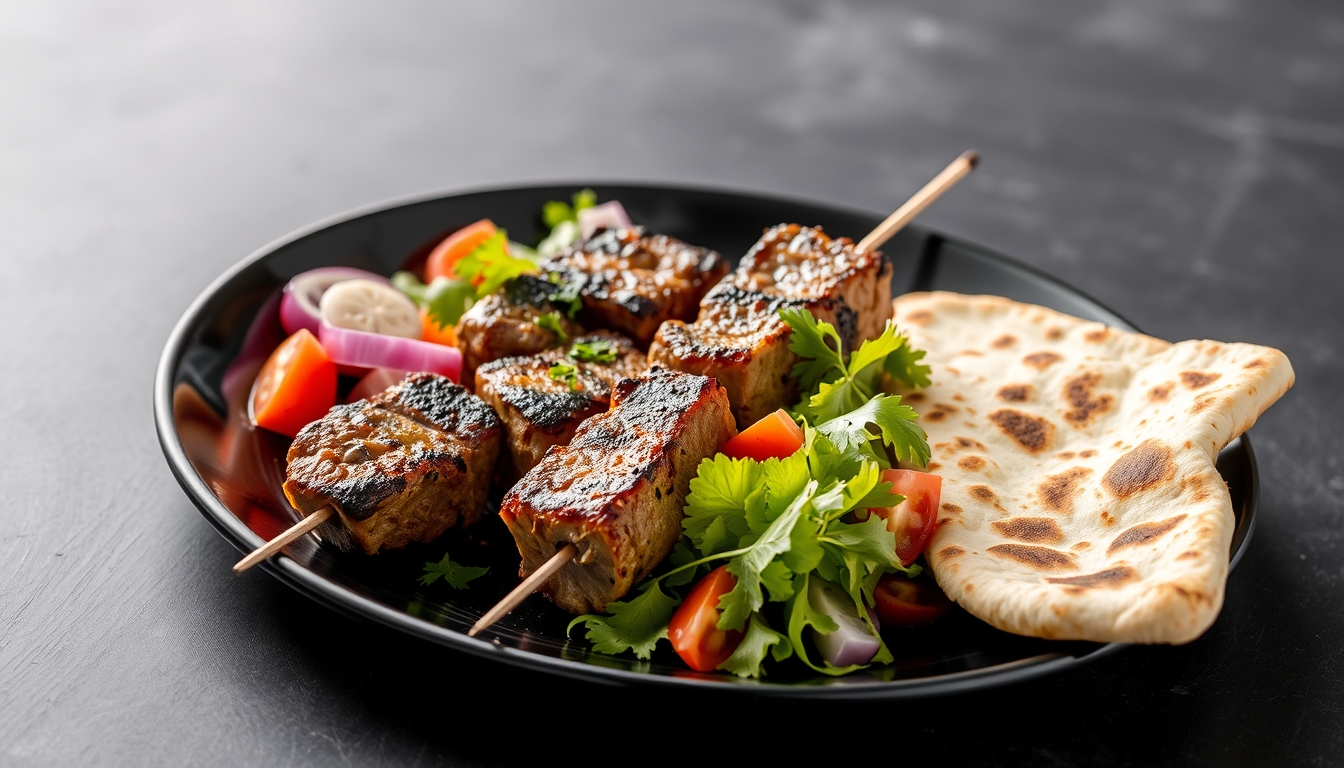 Grilled meat skewers with salad and naan bread on a black plate