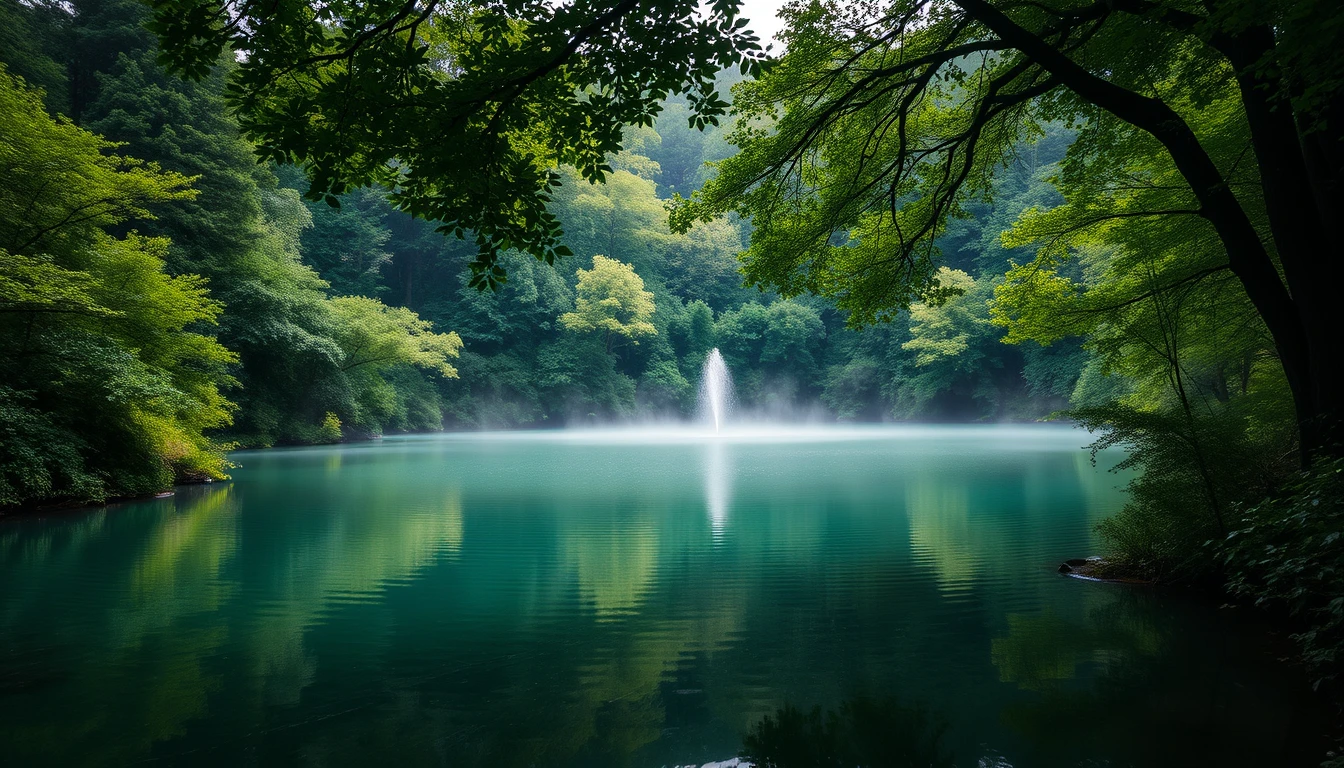 A serene forest sanctuary, ideal for meditation. The scene depicts a tranquil lake surrounded by lush, dense greenery, with soft light filtering through the canopy. The forest is rich in various shades of green and the water is crystal clear, reflecting the surrounding trees. There is a gentle mist hovering over the lake, enhancing the mystical and peaceful ambiance. The overall composition is calm and inviting, perfect for reflection and tranquility. - Image