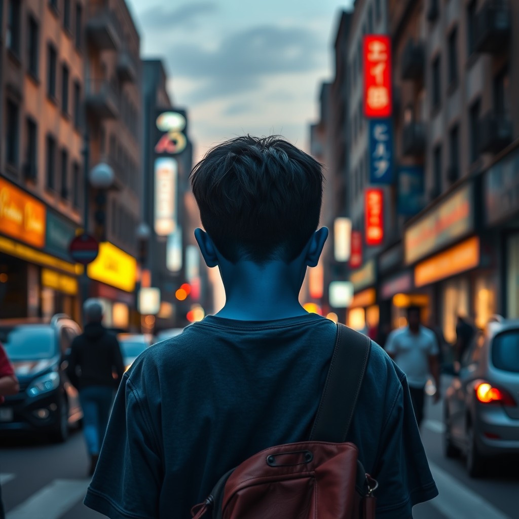 At dusk, a boy with deep blue skin walks down a busy city street with his head down. No one notices him. photorealistic, 8K. - Image