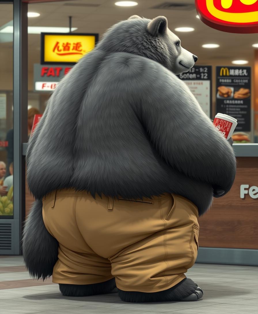 Quarter view, anthropomorphic obese gray bear-wolf hybrid, blended features. Gray and black fur with tan and white fur markings. He has a heavyset body. Wide fat bottom. Fat wide double chins. Tan obese big fat baggy cargo pants. Obese double belly overflowing. Wide waist. Thick tail. Huge ass. Full body. Uncropped. Fluffy fur. Ordering food from a fast food restaurant. Digital art, semi-realistic.