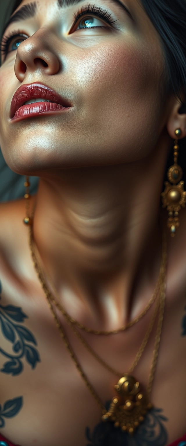 Close-up view of a tattooed chest of a light-skinned Korean Indian woman with beautiful facial features and blue eyes, wearing gold ornaments and looking upwards. - Image