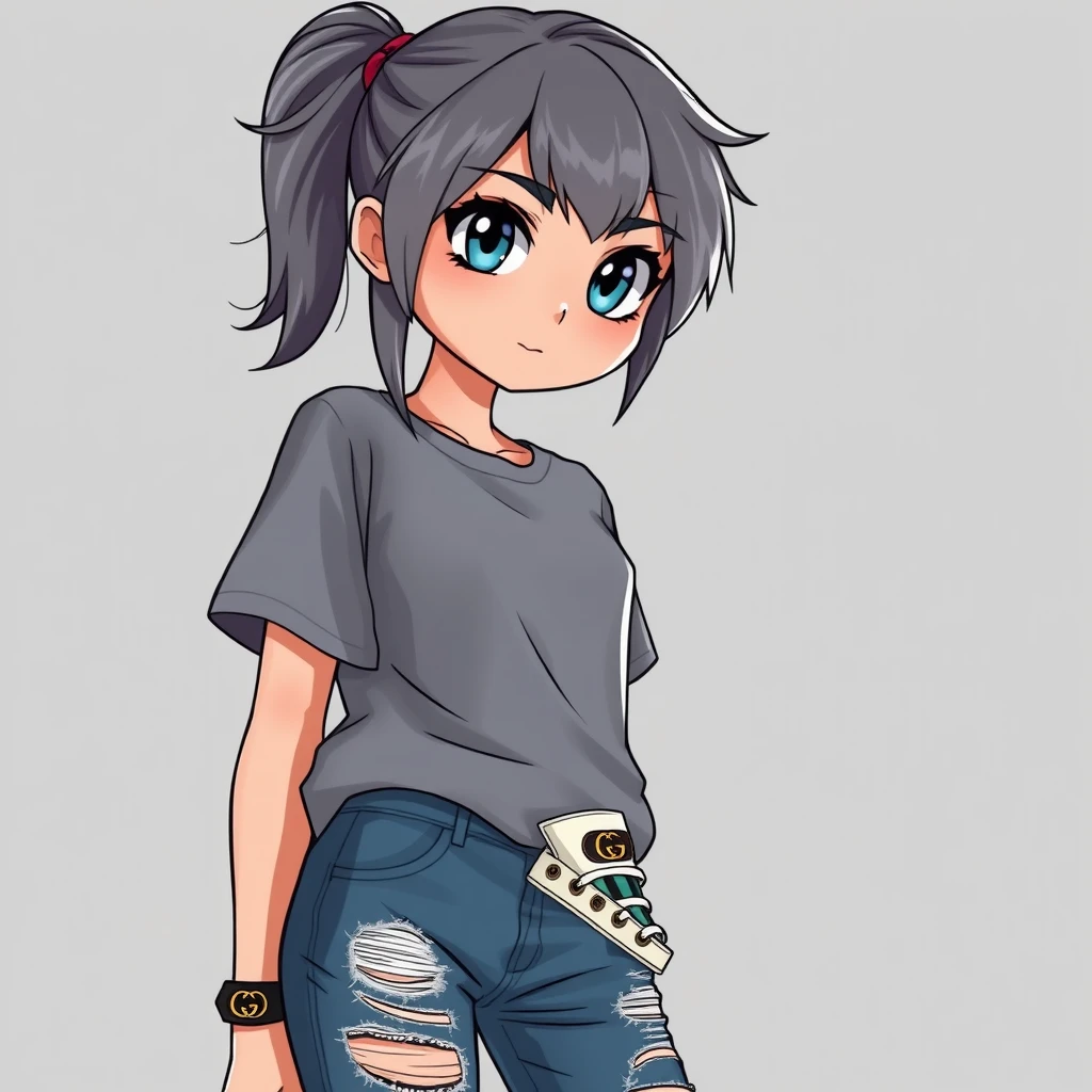 A teenage woman in a grey T-shirt, torn jeans, and Gucci sneakers. Appearance: cool gray hair and large blue eyes, arrogant look. Anime. Full length.