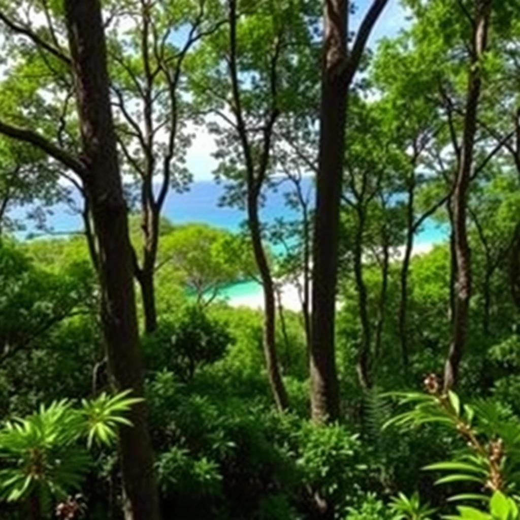 dense green forest with a clearing overlooking the beach and sea, photo quality, lens - Image