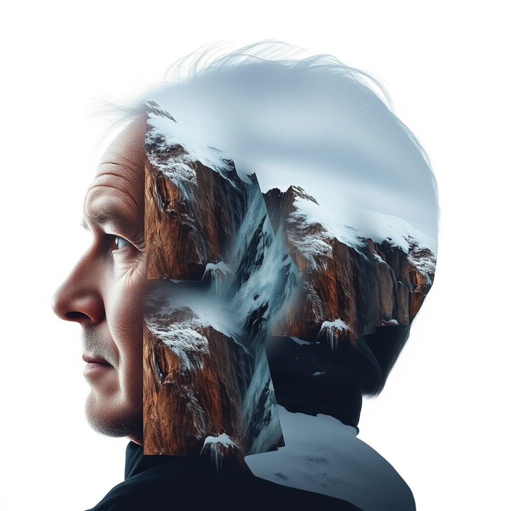 "[Abstract style covering cliffs with ice and snow] within the profile of [a middle-aged man's head], this is a double exposure photo. Non-figurative, colors and shapes, emotional expression, imaginative, and very detailed." - Image