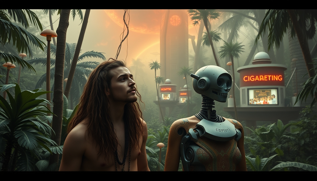 A male and female go on a spiritual quest in the Amazon Jungle and have a psychedelic experience by smoking mushrooms. They journey to the center of the jungle and find a futuristic city that has robots selling cigarettes.