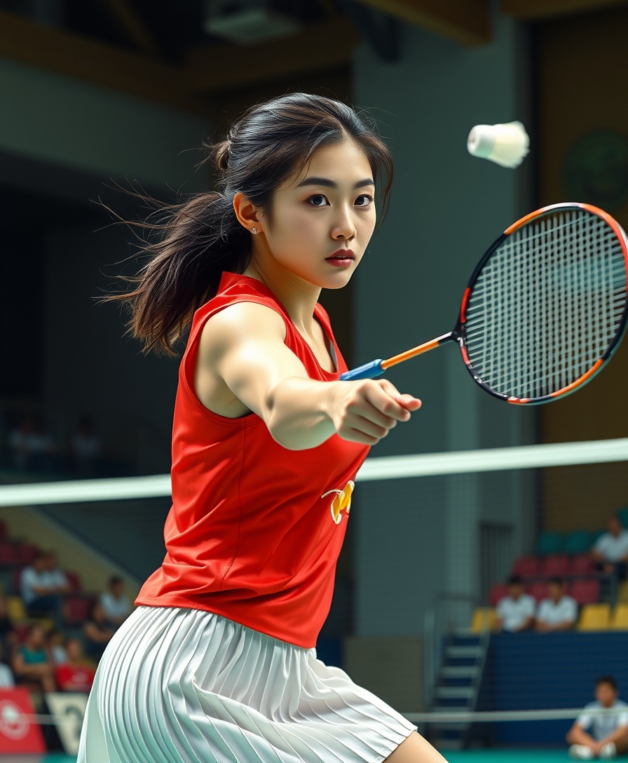 A detailed, realistic portrait of a young woman playing badminton in an indoor sports arena. The woman is wearing a bright red jersey and is mid-swing, her body in a dynamic, athletic pose as she focuses intently on the shuttlecock. The background is blurred, with glimpses of the court, net, and spectator stands visible. The lighting is natural and directional, creating shadows and highlights that accentuate the woman's features and muscular definition. The overall composition conveys a sense of energy, movement, and the intensity of the game. The image is highly detailed, with a photorealistic quality that captures the textures of the woman's clothing, skin, and the badminton equipment. A woman with a beautiful face like a Japanese idol, she is wearing a white pleated skirt. Badminton rackets and shuttlecocks with dynamic swings and motion blur depict the human body with a flawless personality.