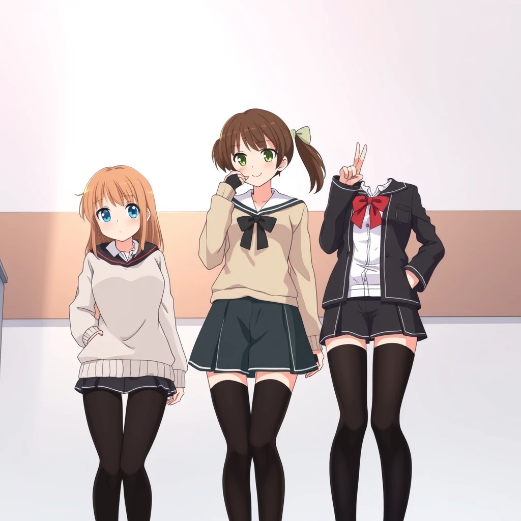 Japanese animation featuring three female characters aged 20 to 25, wearing white and black stockings.