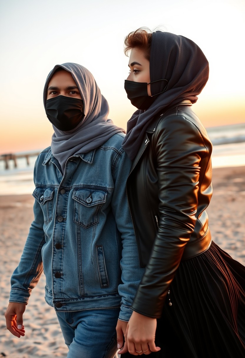 Jamie Dornan's head and body shot, handsome, black face mask, denim jacket, jeans, dating, love couple, with the biggest grey hijab Muslim girl, black face mask, beautiful eyes, black leather jacket, the biggest skirt, walking happily at the beach, sunset, hyper-realistic, street photography. - Image