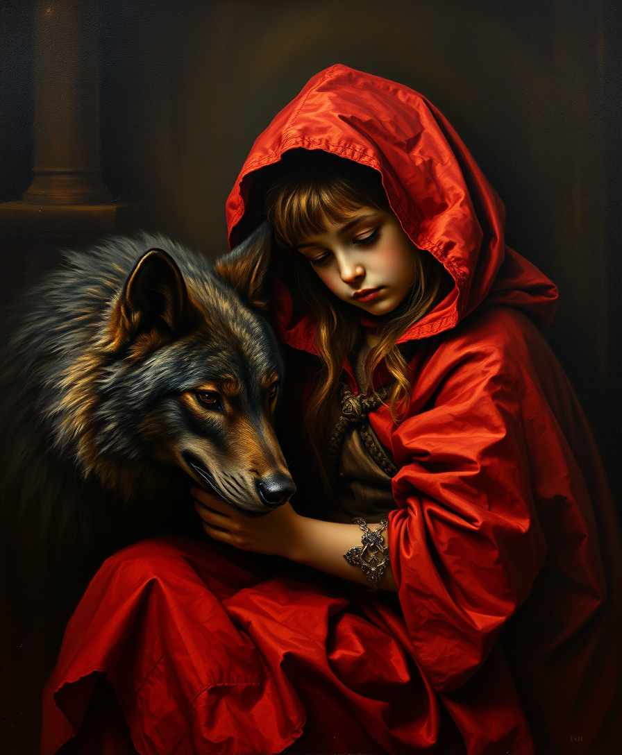 A masterful painting in the style of Rembrandt, showing Little Red Riding Hood with the wolf, with incredible detail, dramatic lighting, and a dark, foreboding atmosphere, 8K resolution, Amazing, Epic, Super, Mystic, Epic oil paint, Extreme high details, Old, Chiaroscuro, Dramatic lighting, Sfumato, Rich textures, Introspective, Masterpiece, Luminous, Deep shadows, Classical composition, Expressive brushwork, masterpiece, best quality, solo, deep shadow, extremely detailed, fine detail, analog film, 8K ultra hd.