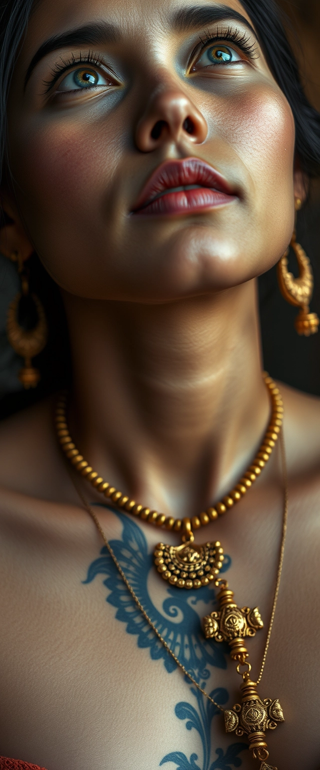 Close-up view of the tattooed chest of a fair-skinned Korean Indian woman with beautiful facial features and blue eyes, wearing gold ornaments and looking upwards.