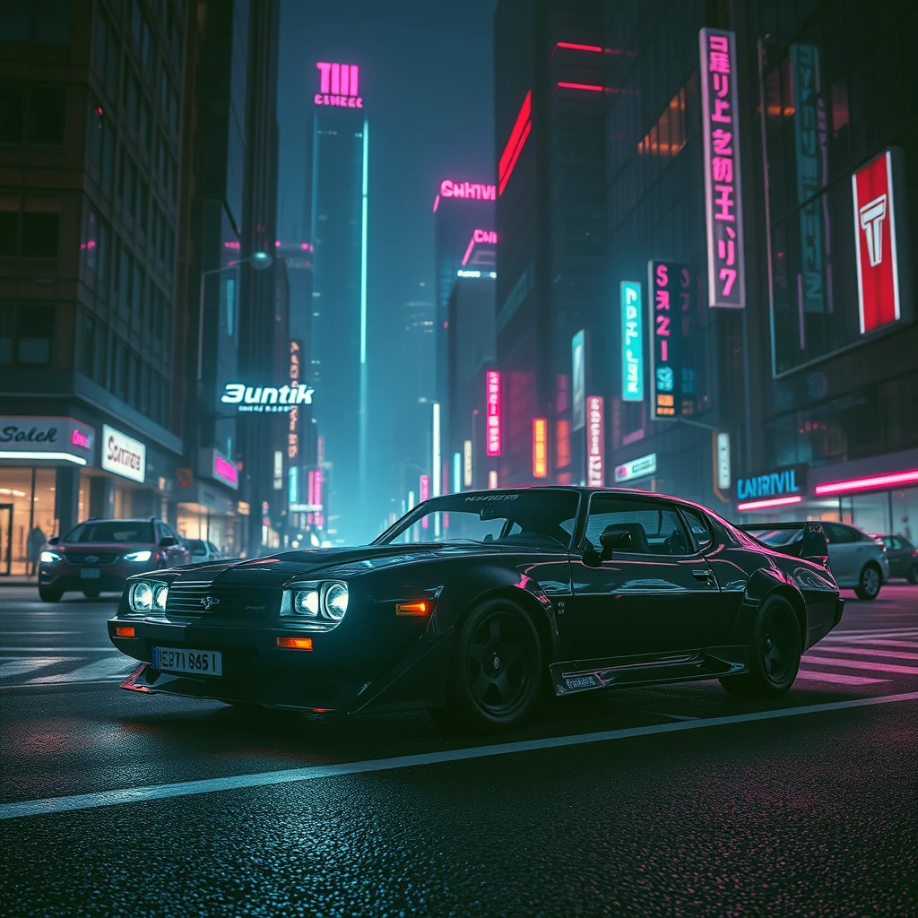 Car in cyberpunk night city. Synthwave. Realistic beautiful photo.