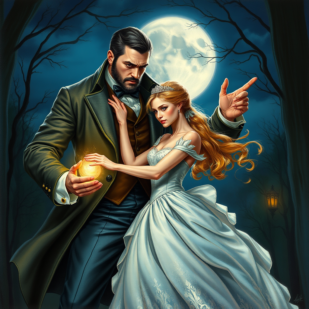 Realistic colored pencil drawing, a big strong dangerous man in Victorian suit, beautiful girl in princess dress, dynamic poses, passion, action, inspired by Disney art, moonlit evening, fairy tale, realistic photo, magic spell, high detail, digital painting, fantasy art, intricate detailed, illustration but very realistic, magic realism. - Image