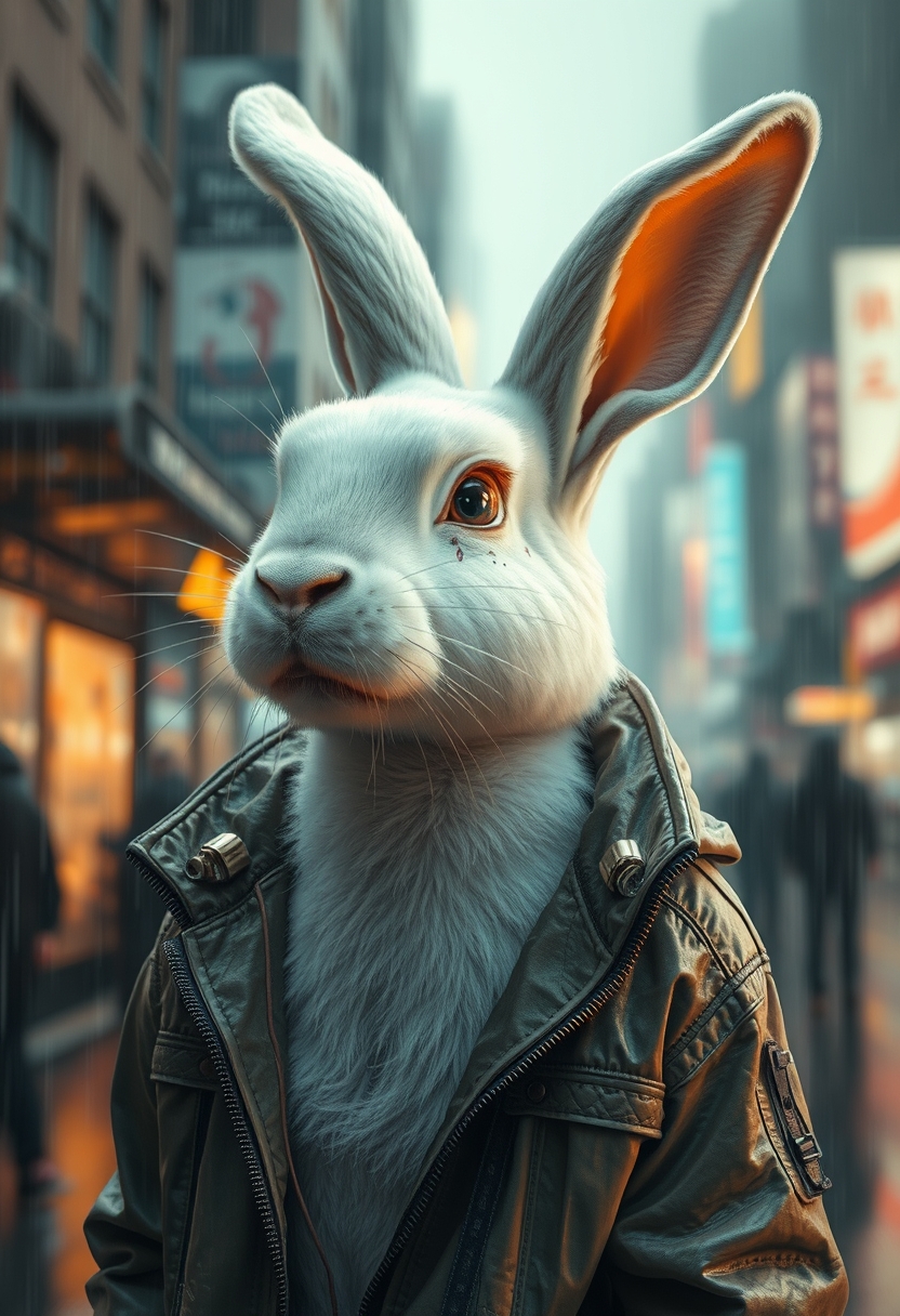 An adult white rabbit stands in a cyberpunk city, in the rain. He's wearing a cyberpunk style jacket. The rabbit has an augmentation on his right eye and a lot of scars. Kierpunk implants are visible on the rabbit. A masterpiece, maximum detail, cinematography.