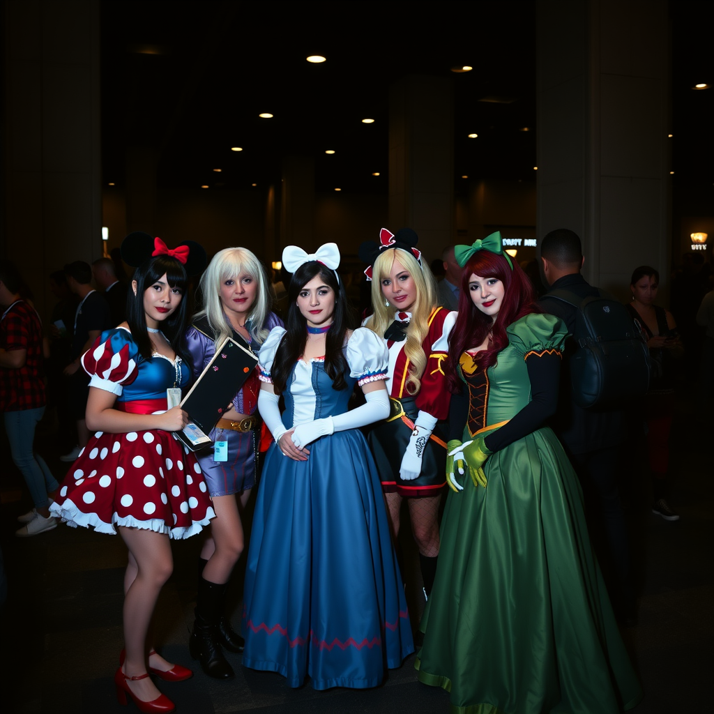 comic con group photo, disney cosplays, shot on Sony Alpha, dark moody aesthetic