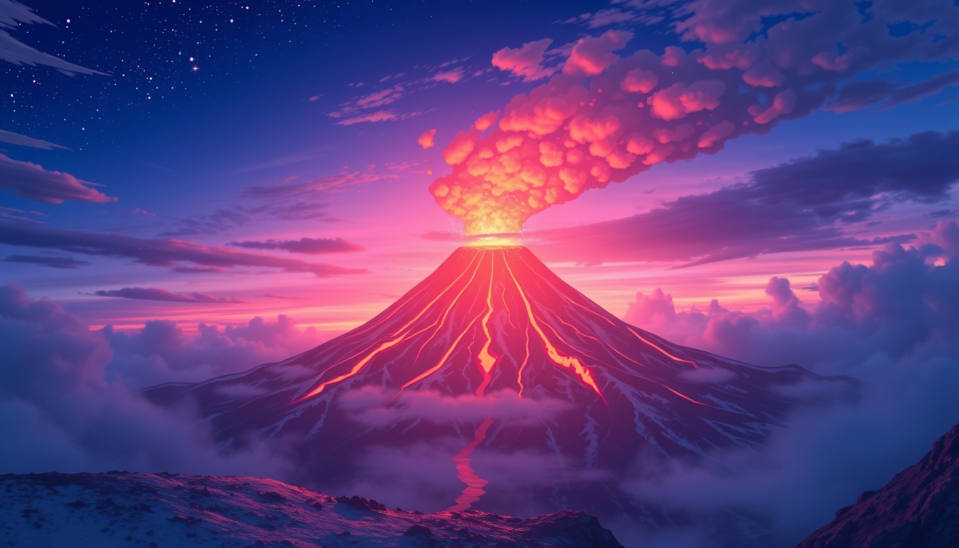 Volcano landscape image. Styled like an anime or game background. Blue sky, sunset, sunrise, night, fog, snow, rain, cloudiness, autumn leaves, rainbow.