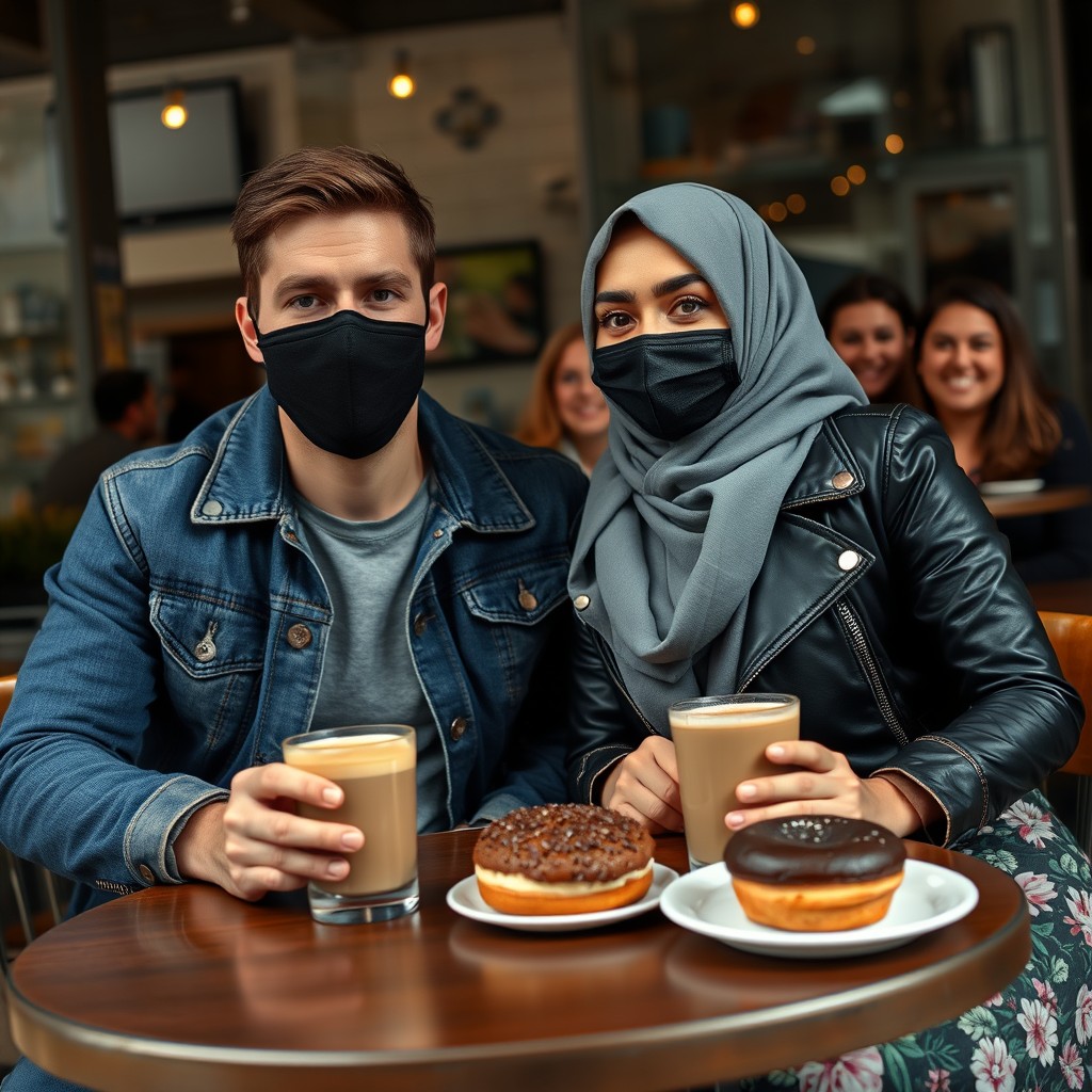 Jamie Dornan's head and body shot, handsome, black face mask, blue jeans jacket, jeans, dating love with a Muslim girl in a grey hijab, beautiful eyes, black face mask, black leather jacket, biggest floral skirt, at a cafe, 2 cups of latte, muffin cake, chocolate donut on a table, with another 4 friends smiling in the back, photorealistic, hyper-realistic, street photography, selfie. - Image