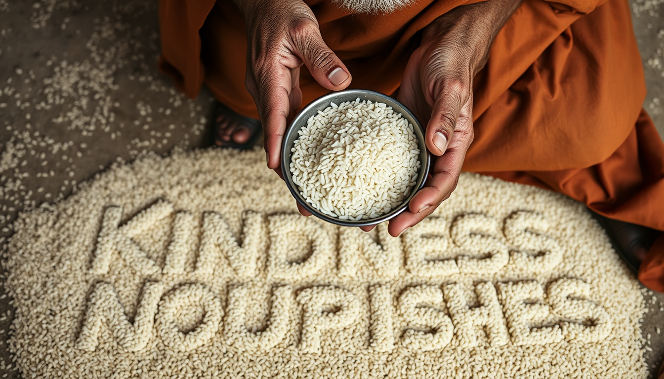 An elderly monk's weathered hands offering a bowl of rice. The camera slowly pulls back, revealing the text "Kindness Nourishes" formed by rice grains on the ground around him. - Image