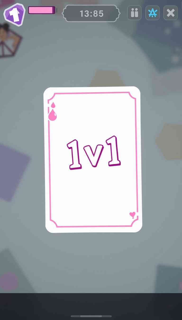 A card in pink and white color, 1v1 text on it, soft colors, bubbly style, game menu screen.