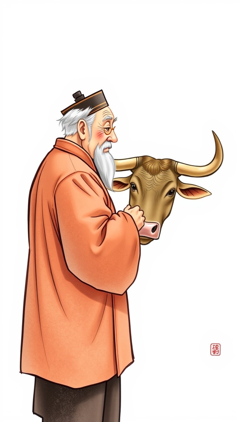 An elderly man in traditional Chinese clothing, facing a Chinese ox, illustrated in a picture book style with a simple, light white background.