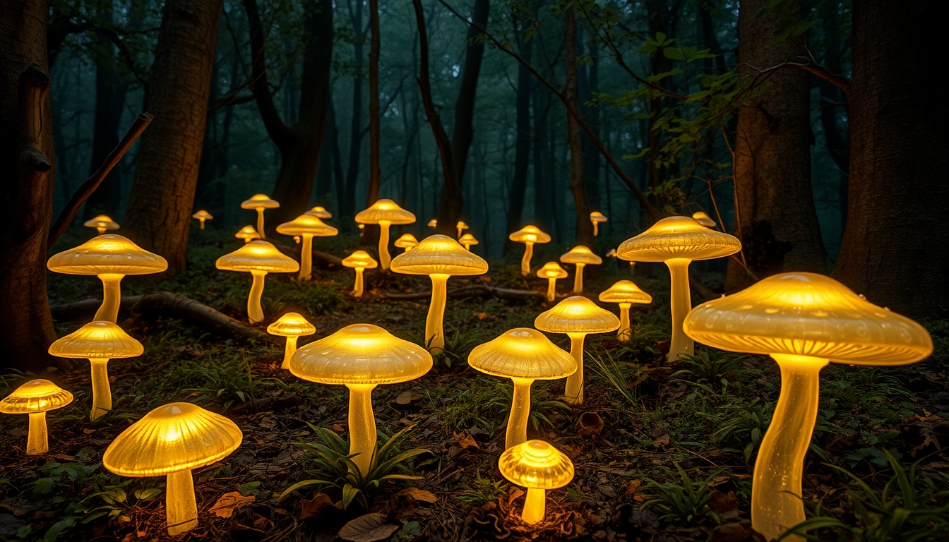 A magical forest with glowing glass mushrooms scattered around. - Image